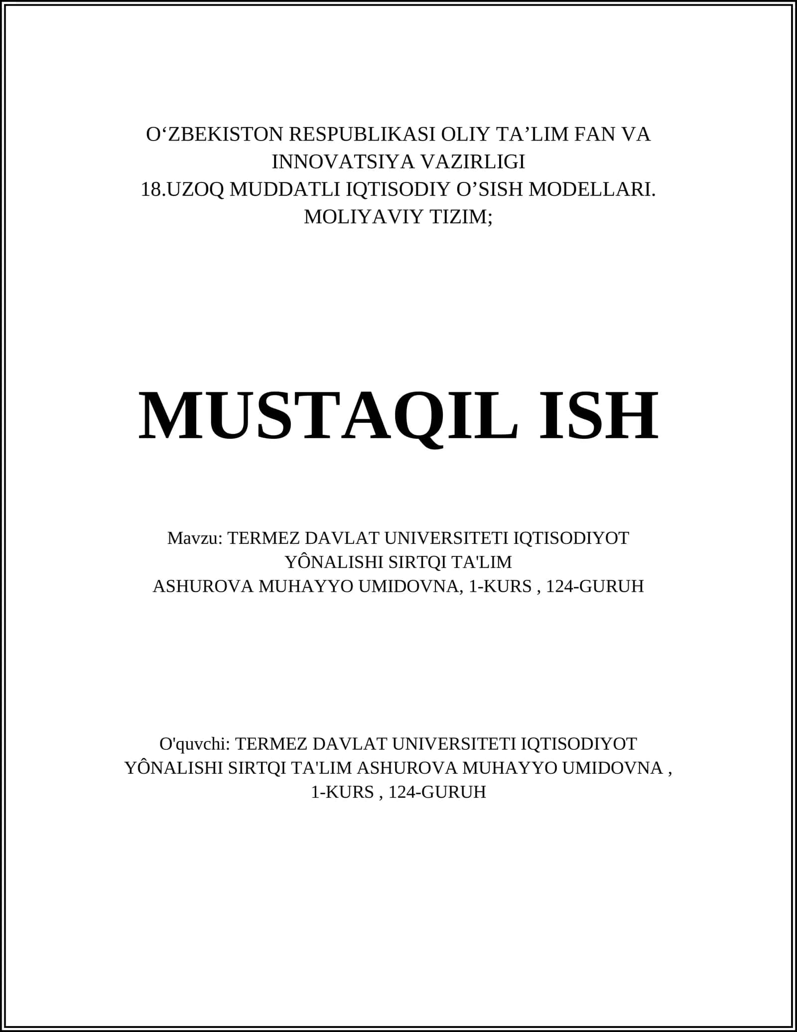 TERMEZ DAVLAT UNIVERSITETI IQTISODIYOT YÔNALISHI SIRTQI TA'LIM