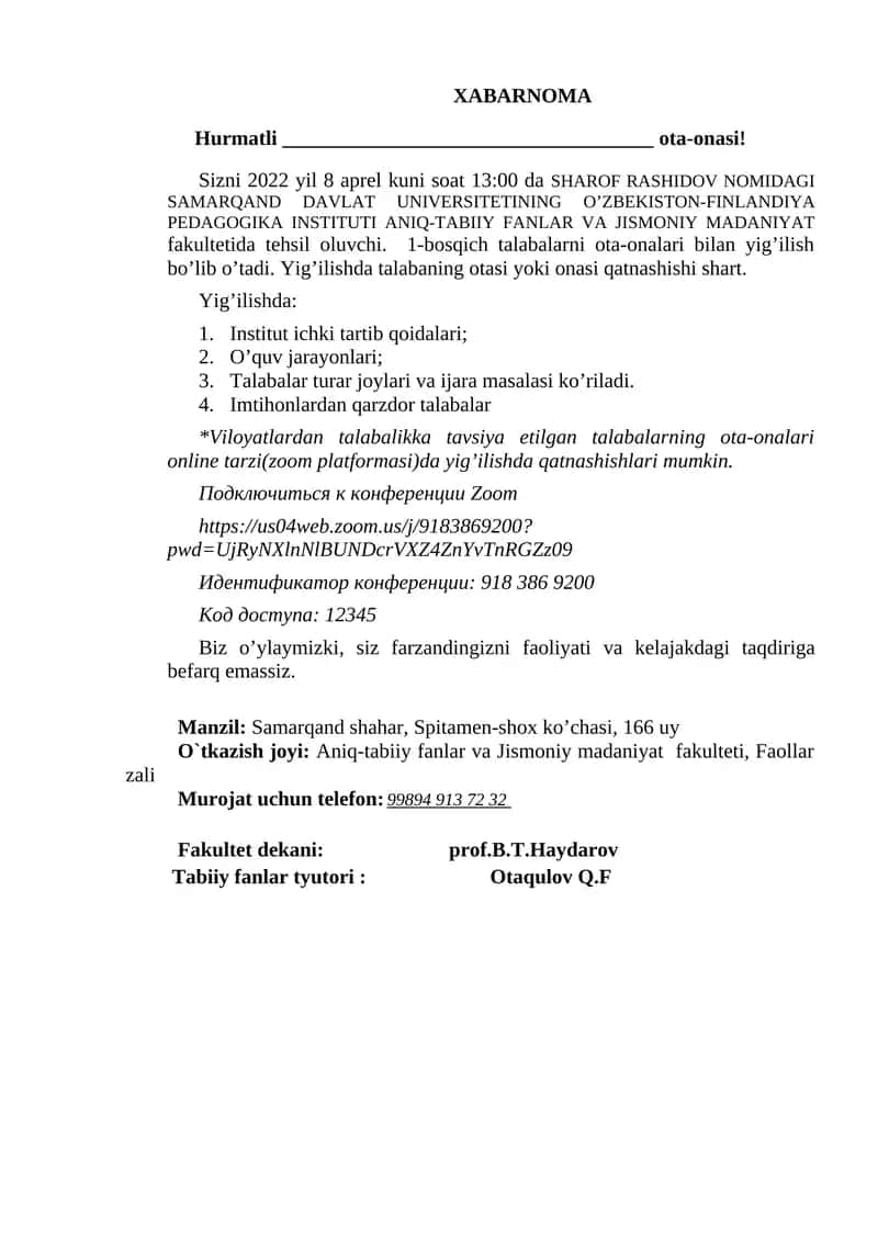 O’ZBEKISTON-FINLANDIYA PEDAGOGIKA INSTITUTI ANIQ-TABIIY FANLAR VA JISMONIY MADANIYAT fakulteti ota-onalari bilan yig’ilish