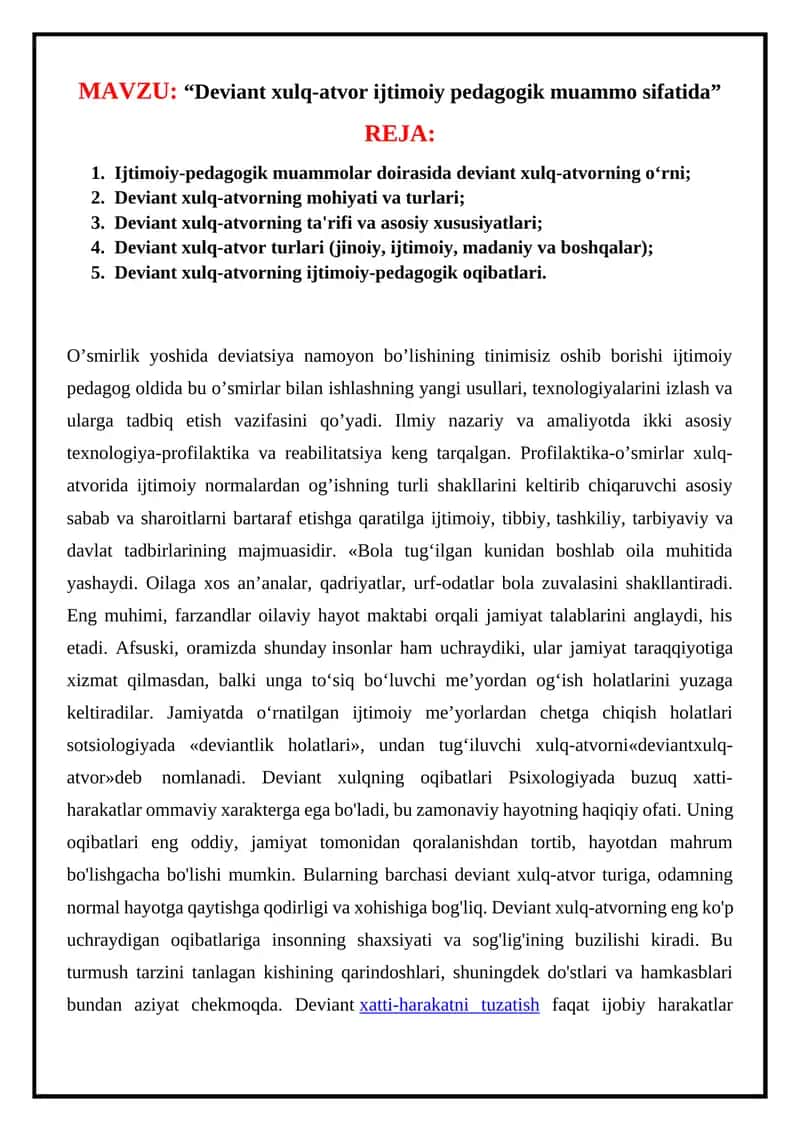 Deviant xulq-atvor ijtimoiy pedagogik muammo sifatida