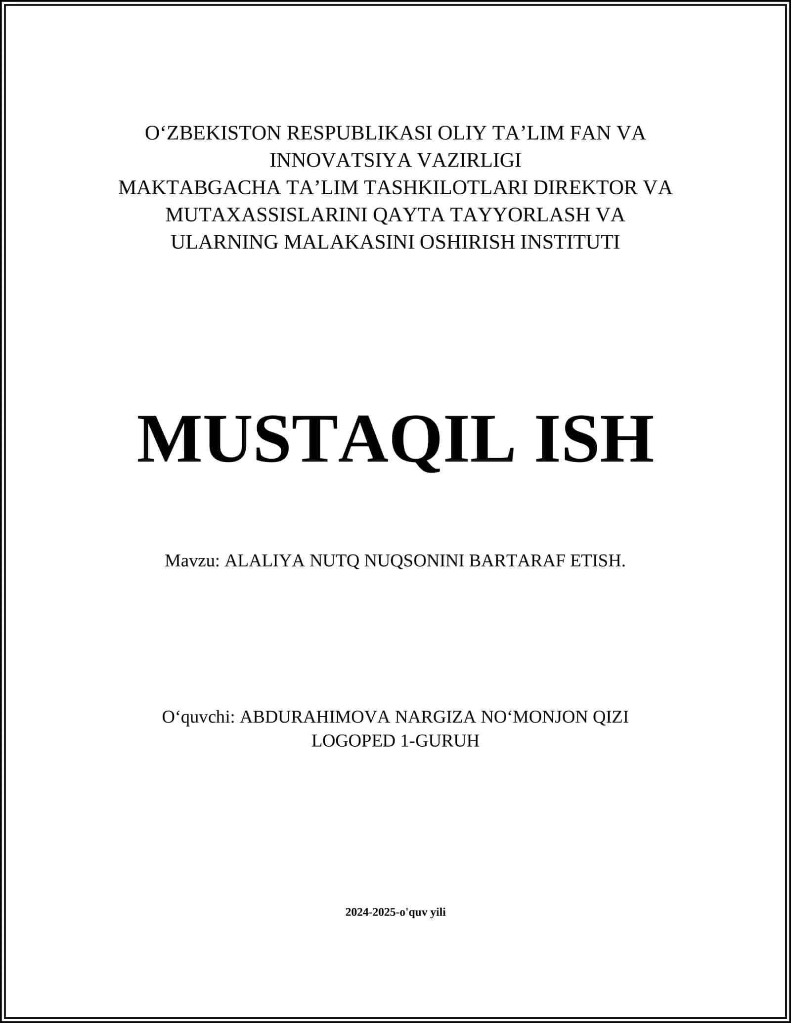 ALALIYA NUTQ NUQSONINI BARTARAF ETISH