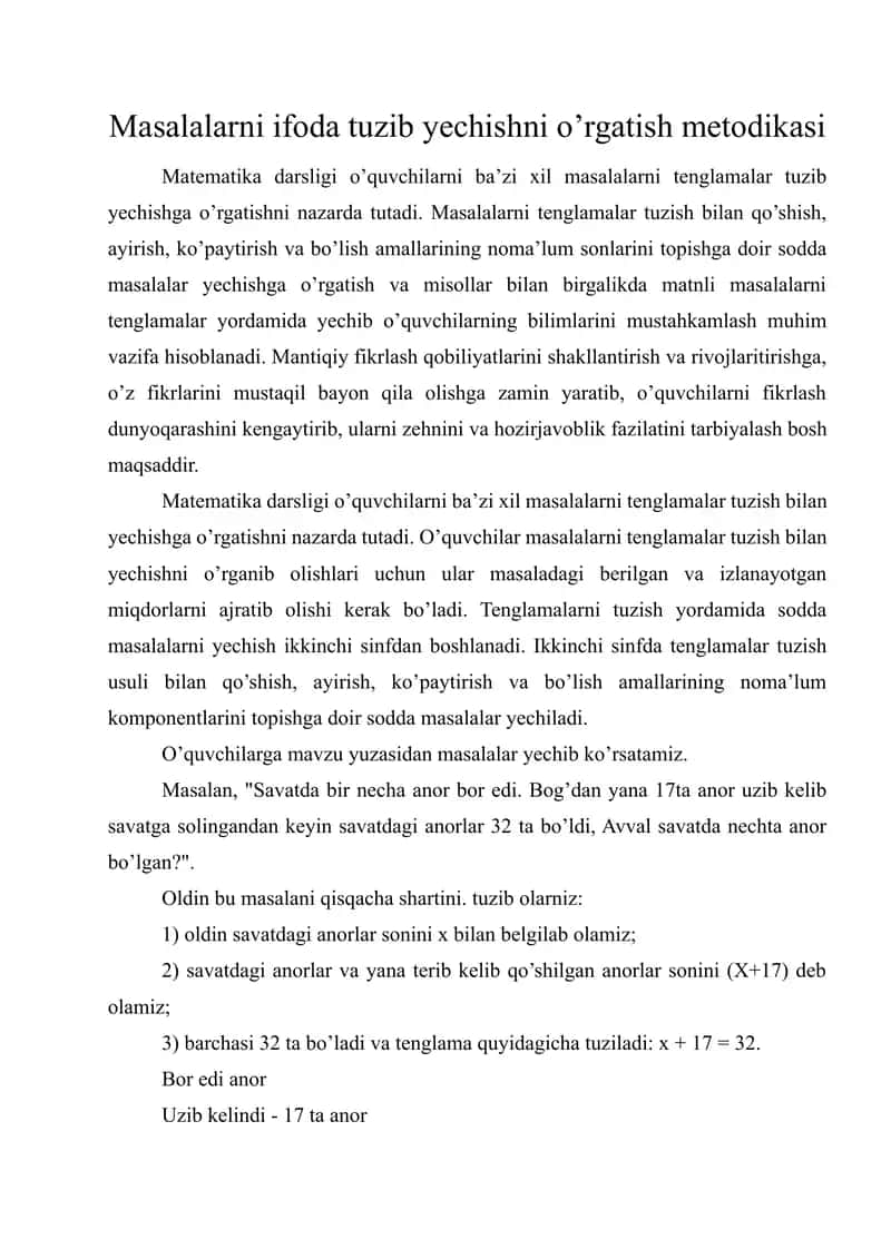 Masalalarni ifoda tuzib yechishni o’rgatish metodikasi