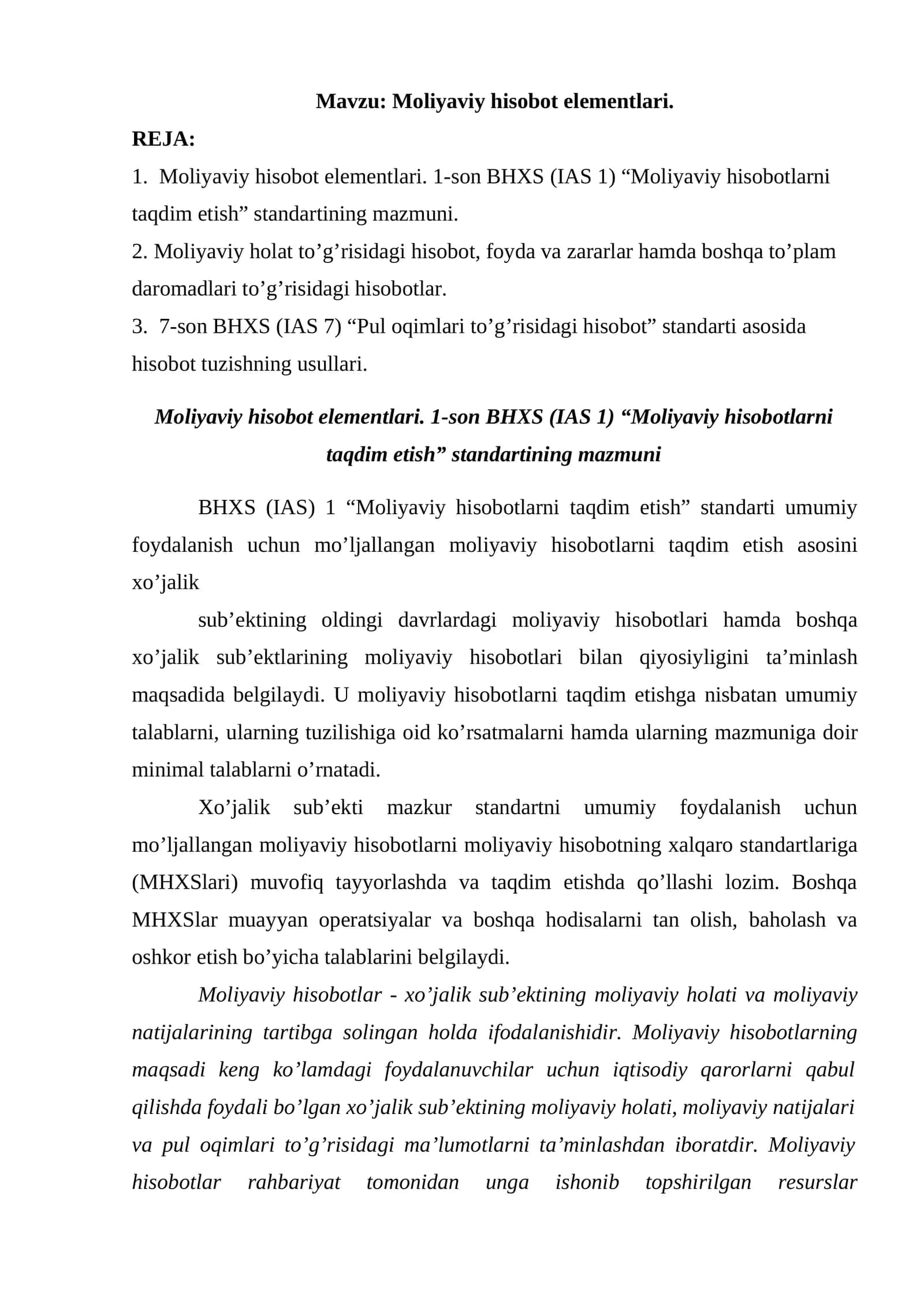 Moliyaviy hisobot elementlari