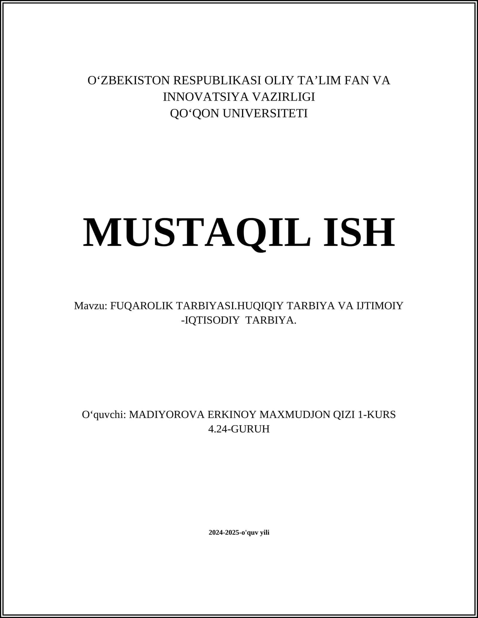 FUQAROLIK TARBIYASI.HUQIQIY TARBIYA VA IJTIMOIY -IQTISODIY TARBIYA