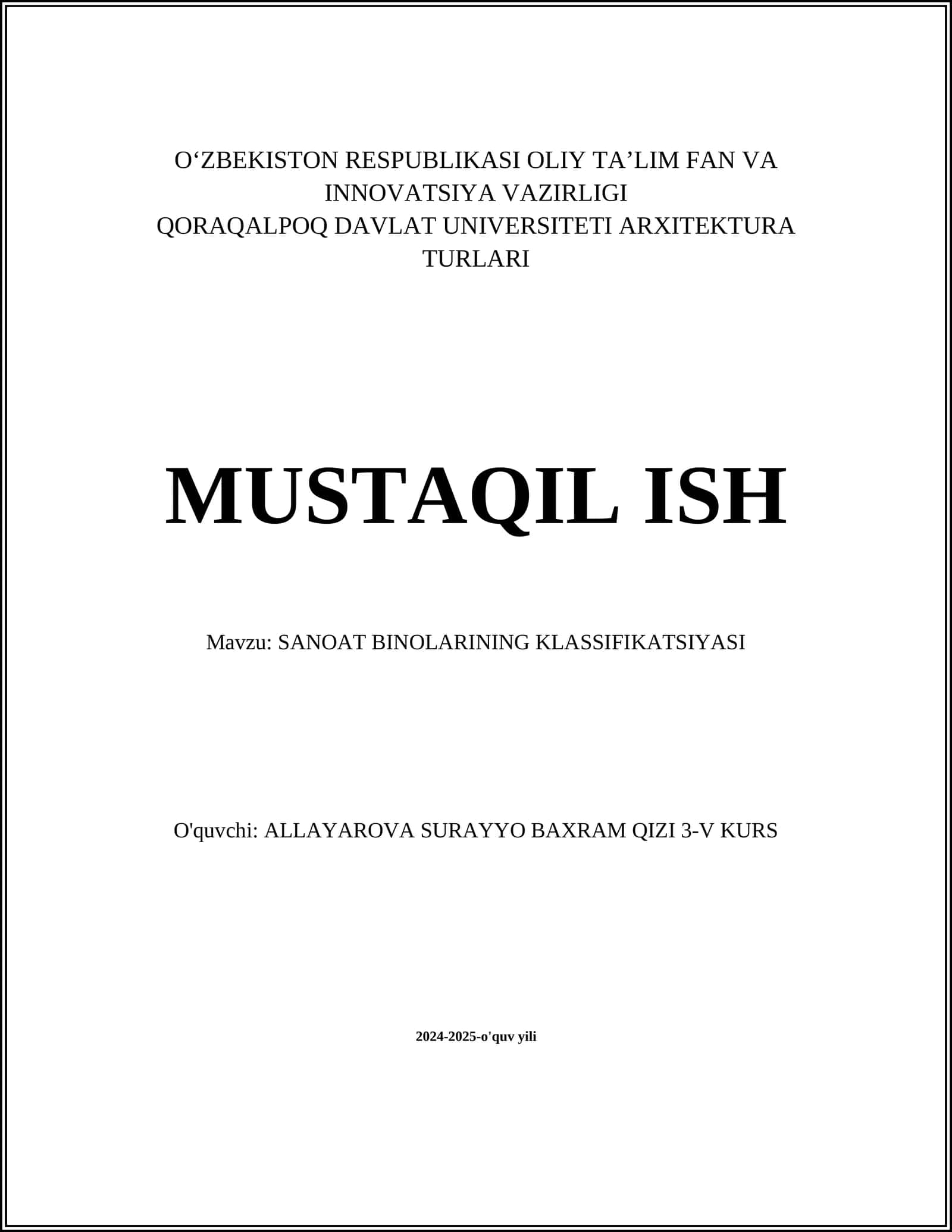 SANOAT BINOLARINING KLASSIFIKATSIYASI