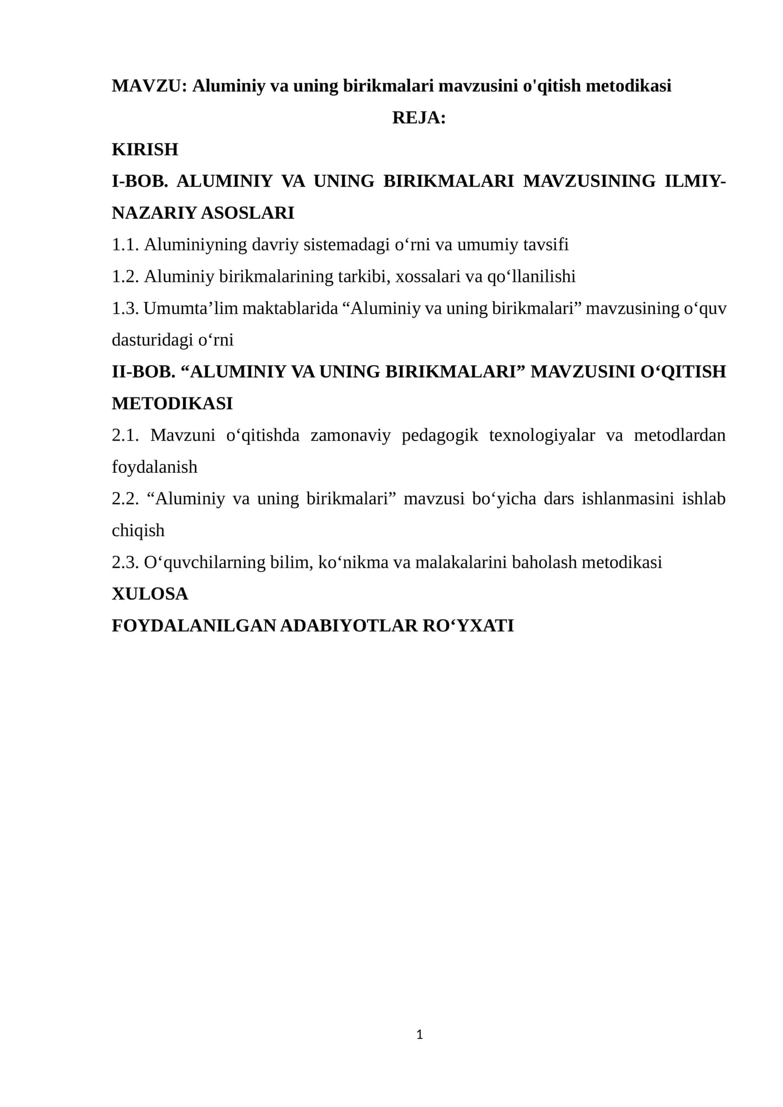 Aluminiy va uning birikmalari mavzusini o'qitish metodikasi