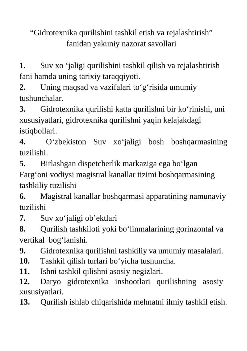 Gidrotexnika qurilishini tashkil etish va rejalashtirish