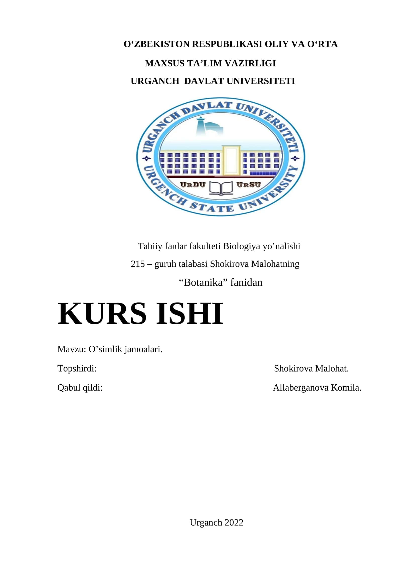 O‘simlik jamoalari Kurs ishi 1