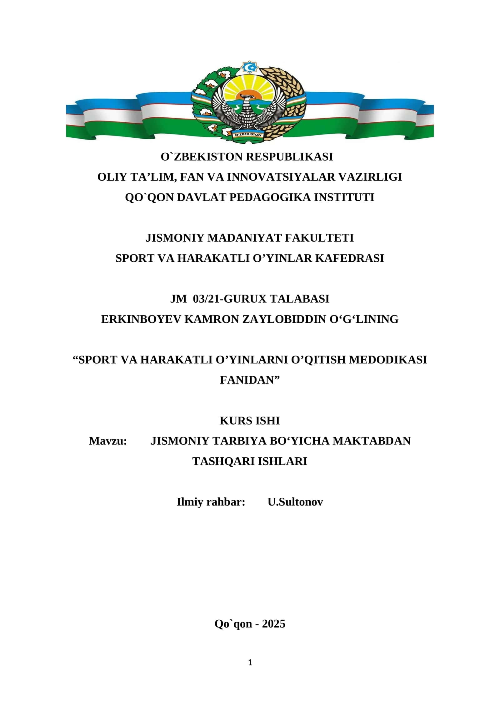 SPORT VA HARAKATLI O’YINLARNI O’QITISH MEDODIKASI FANIDAN