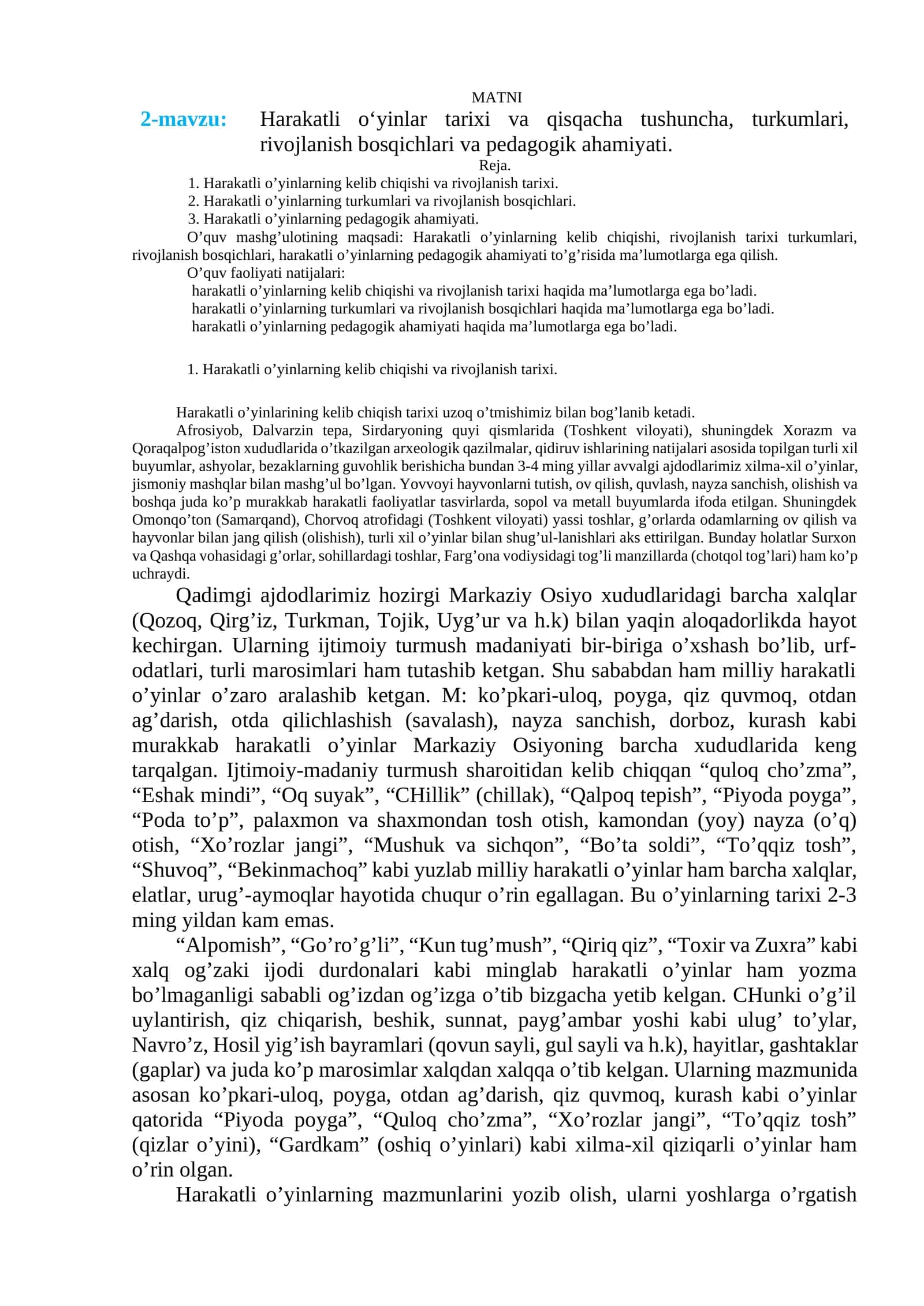 Harakatli o‘yinlar tarixi va qisqacha tushuncha