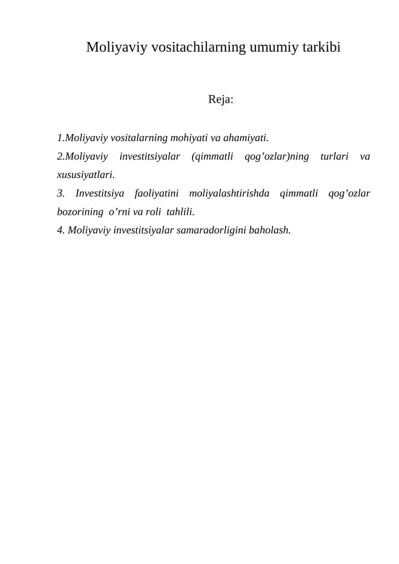 Moliyaviy vositachilarning umumiy tarkibi