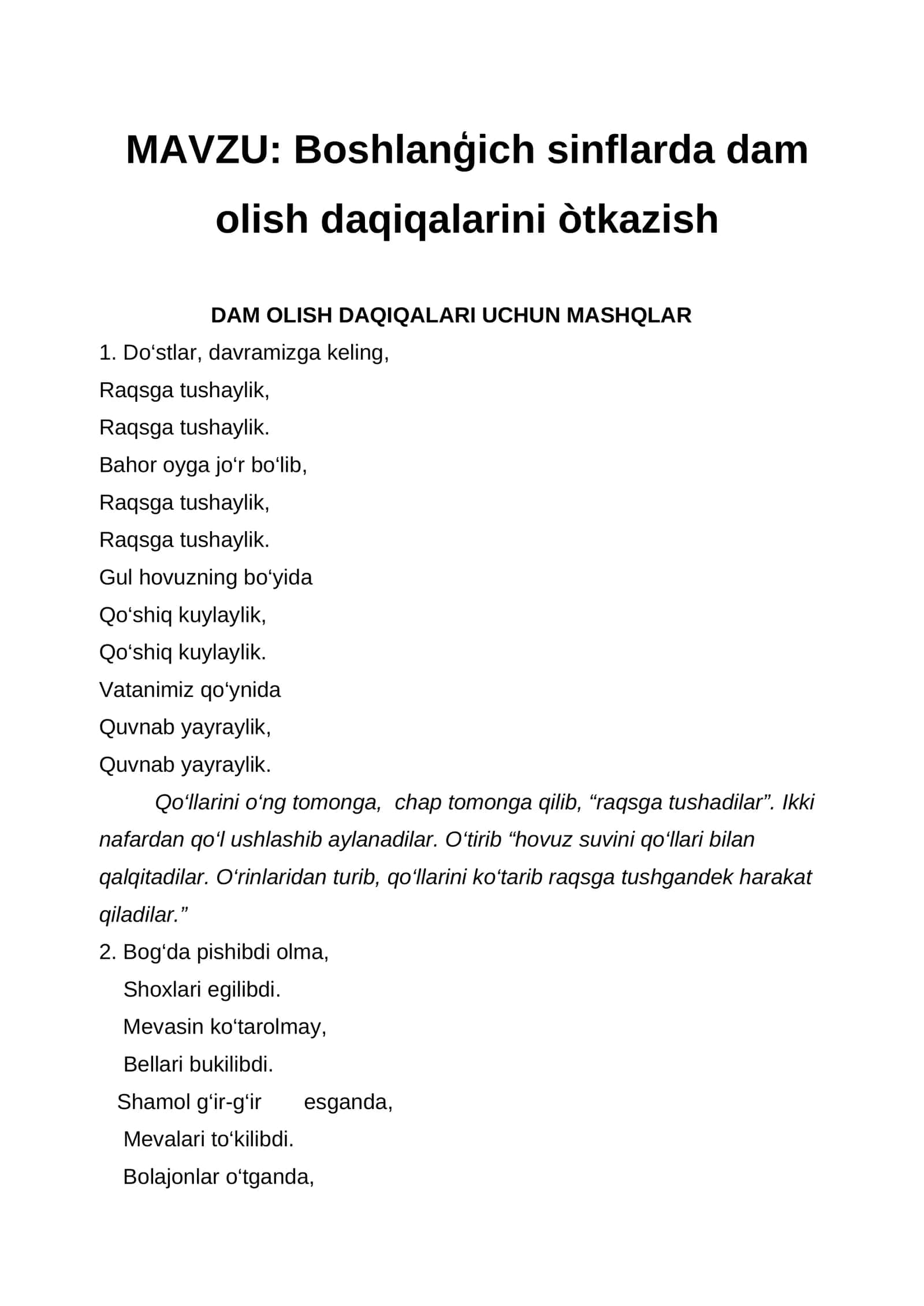 DAM OLISH DAQIQALARI UCHUN MASHQLAR