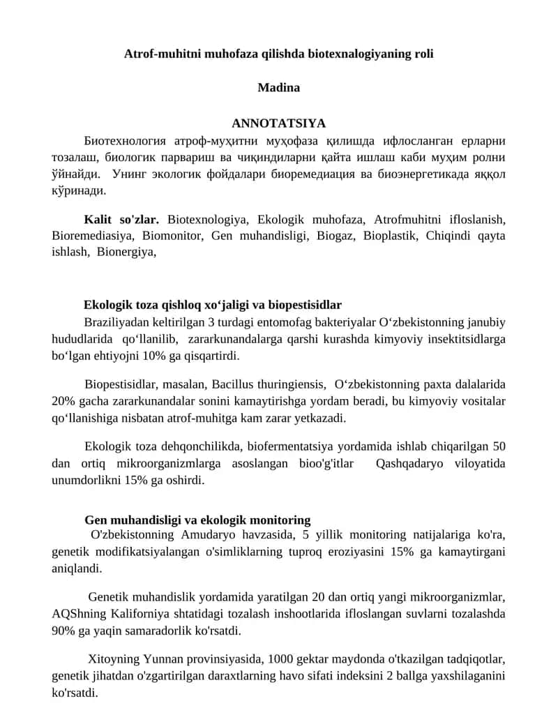 Atrof-muhitni muhofaza qilishda biotexnalogiyaning roli