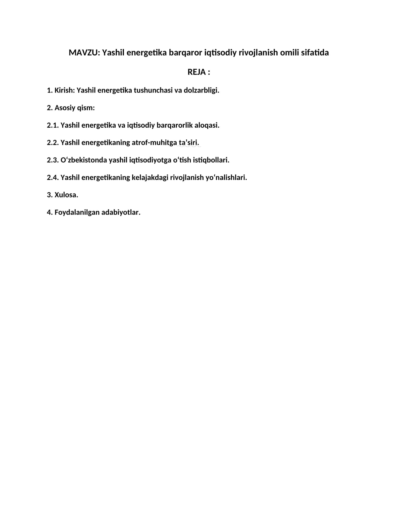 Yashil energetika barqaror iqtisodiy rivojlanish omili sifatida