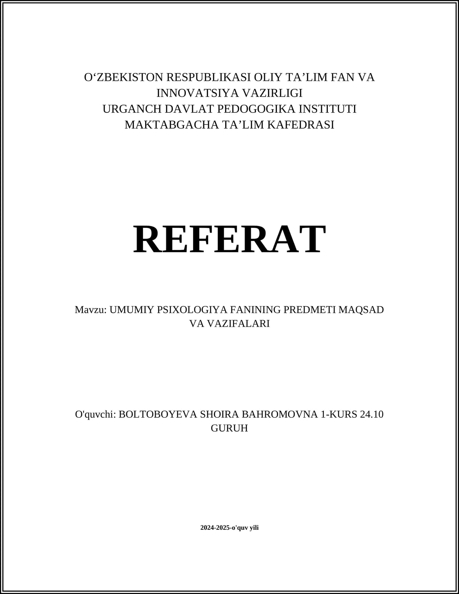 UMUMIY PSIXOLOGIYA FANINING PREDMETI MAQSAD VA VAZIFALARI