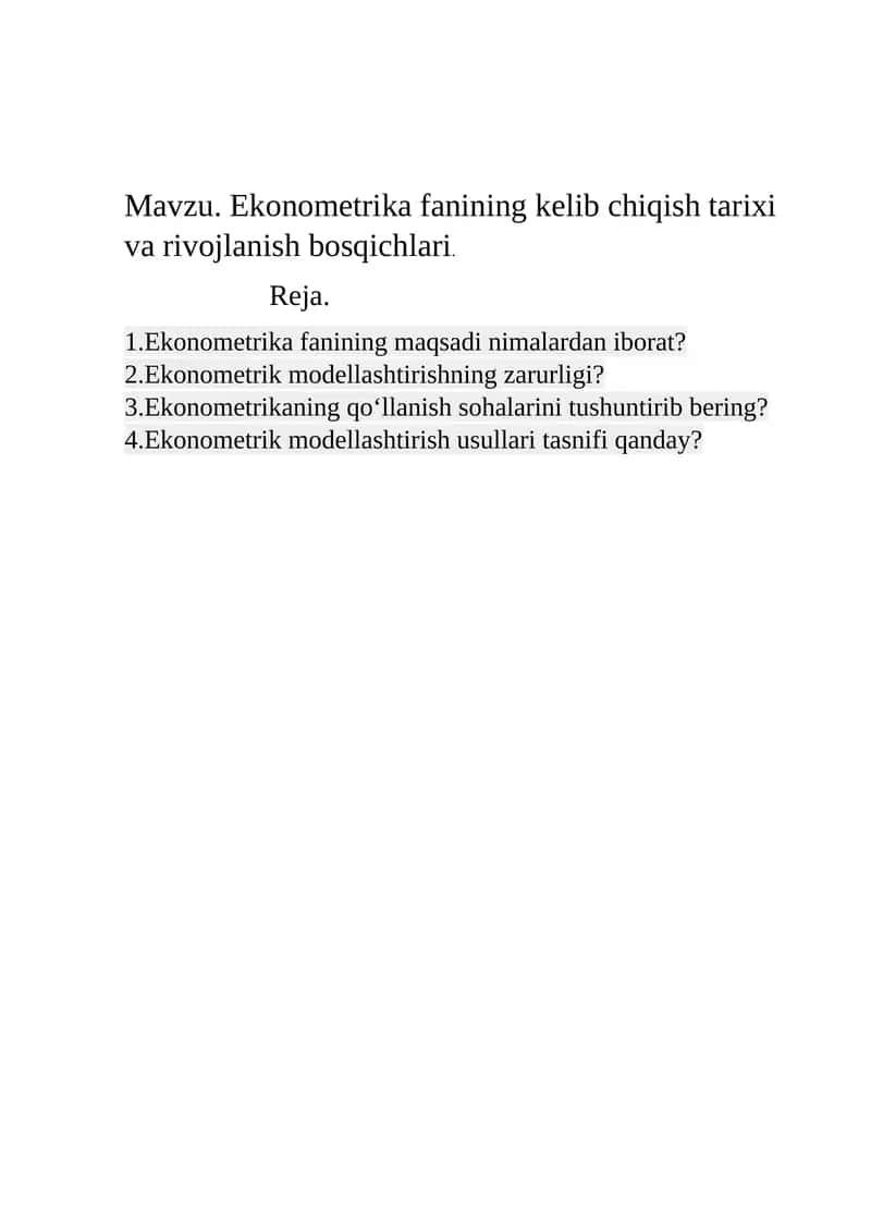 Ekonometrika fanining kelib chiqish tarixi va rivojlanish bosqichlari