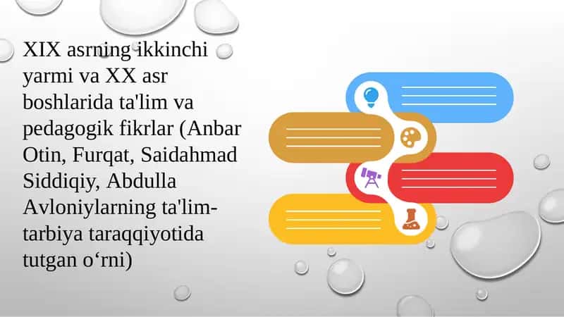 XIX asrning ikkinchi yarmi va XX asr boshlarida ta'lim va pedagogik fikrlar (Anbar Otin, Furqat, Saidahmad Siddiqiy, Abdulla Avloniylarning ta'lim-tarbiya taraqqiyotida tutgan o‘rni