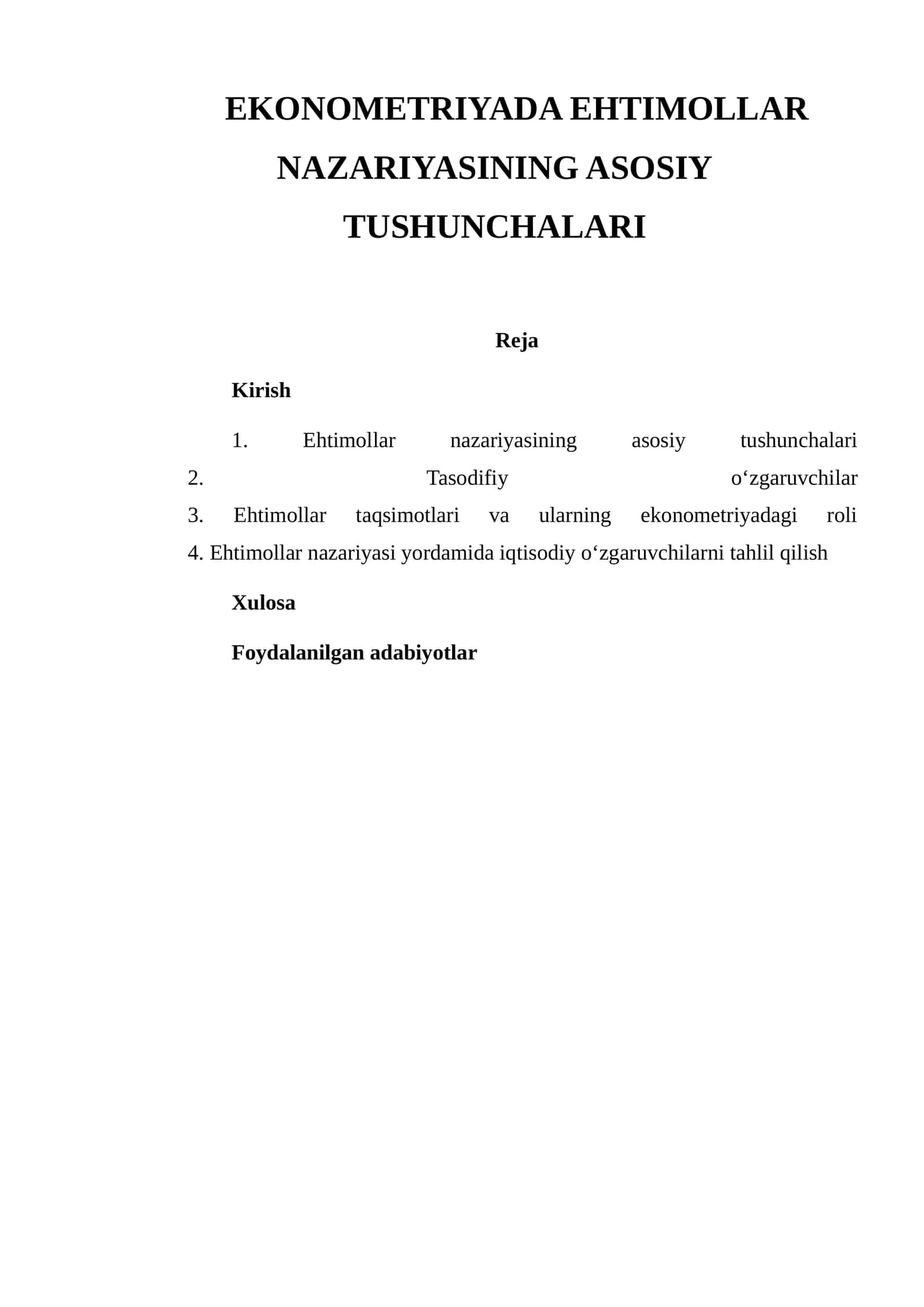 EKONOMETRIYADA EHTIMOLLAR NAZARIYASINING ASOSIY TUSHUNCHALARI