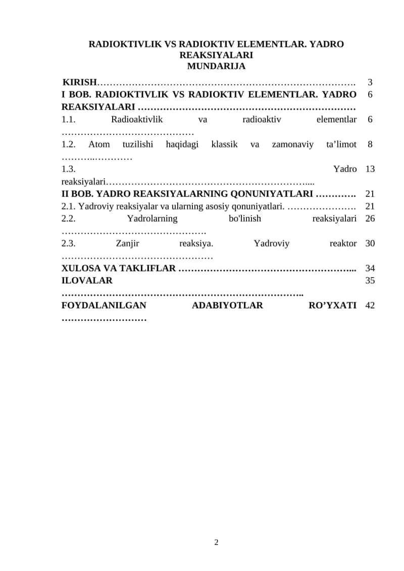 RADIOKTIVLIK VS RADIOKTIV ELEMENTLAR. YADRO REAKSIYALARI