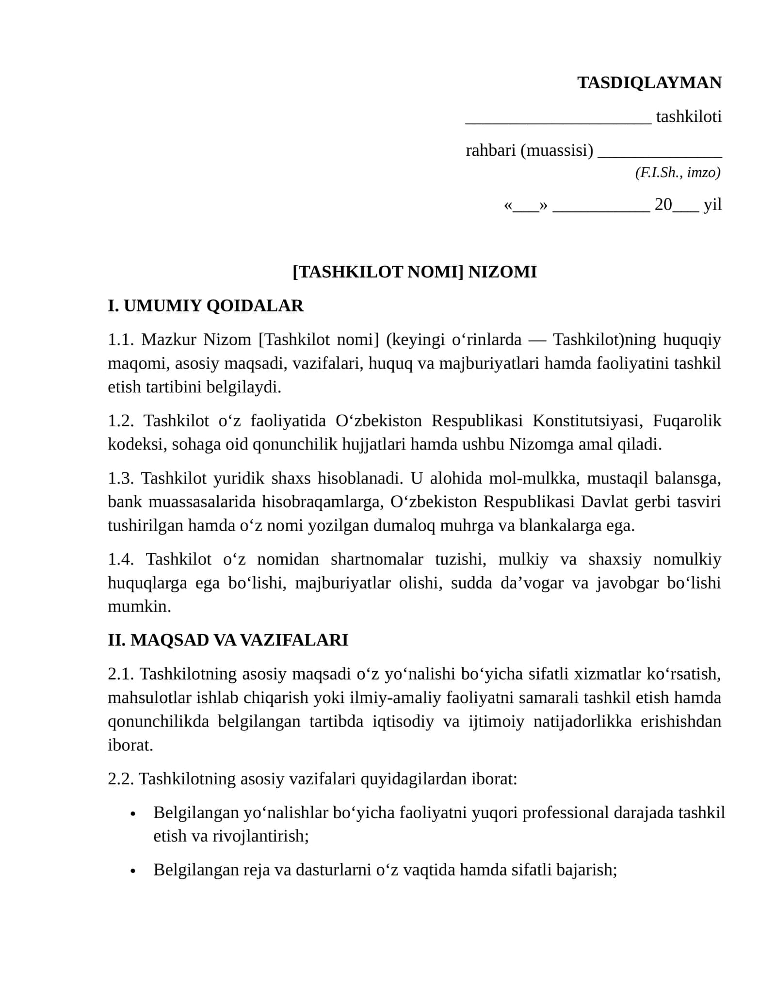 Korxona, tashkilot MCHJ, XKlar uchun ustav
