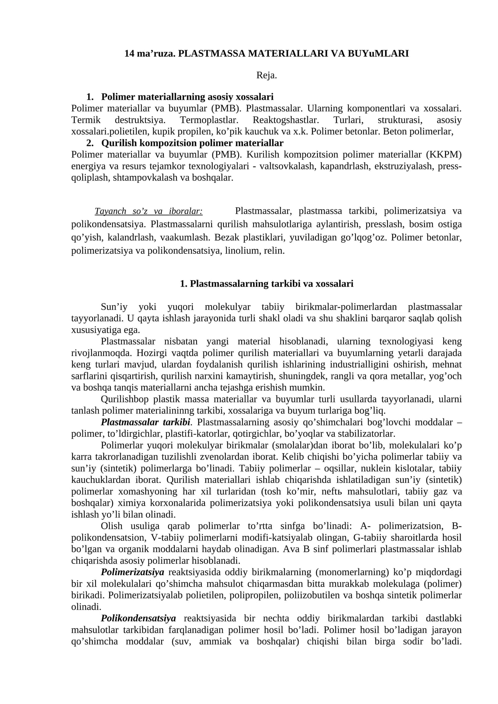 PLASTMASSA MATERIALLARI VA BUYuMLARI