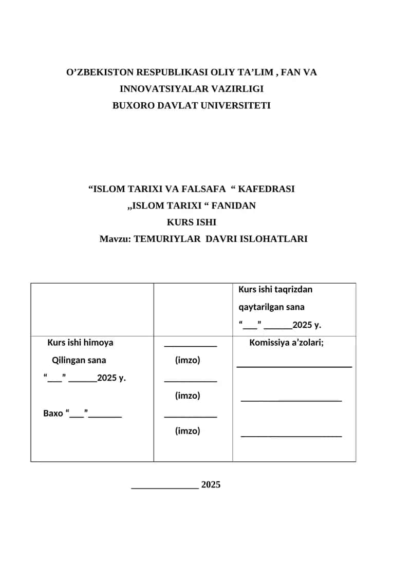 TEMURIYLAR  DAVRI ISLOHATLARI