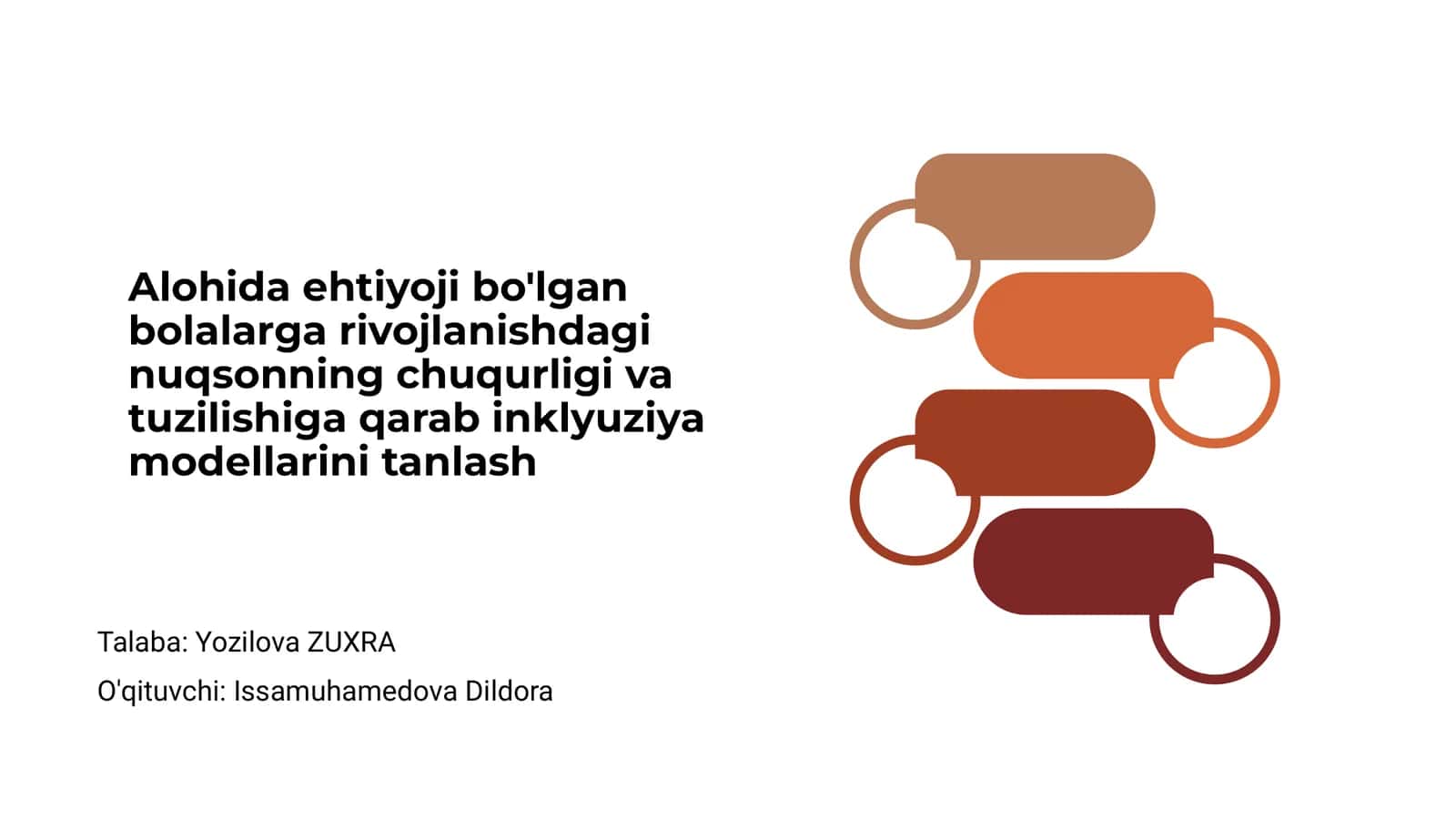 Alohida ehtiyojli bolalarga rivojlanishdagi nuqsonning chuqurligi va tuzilishiga qarab inklyuziya modellarini tanlash