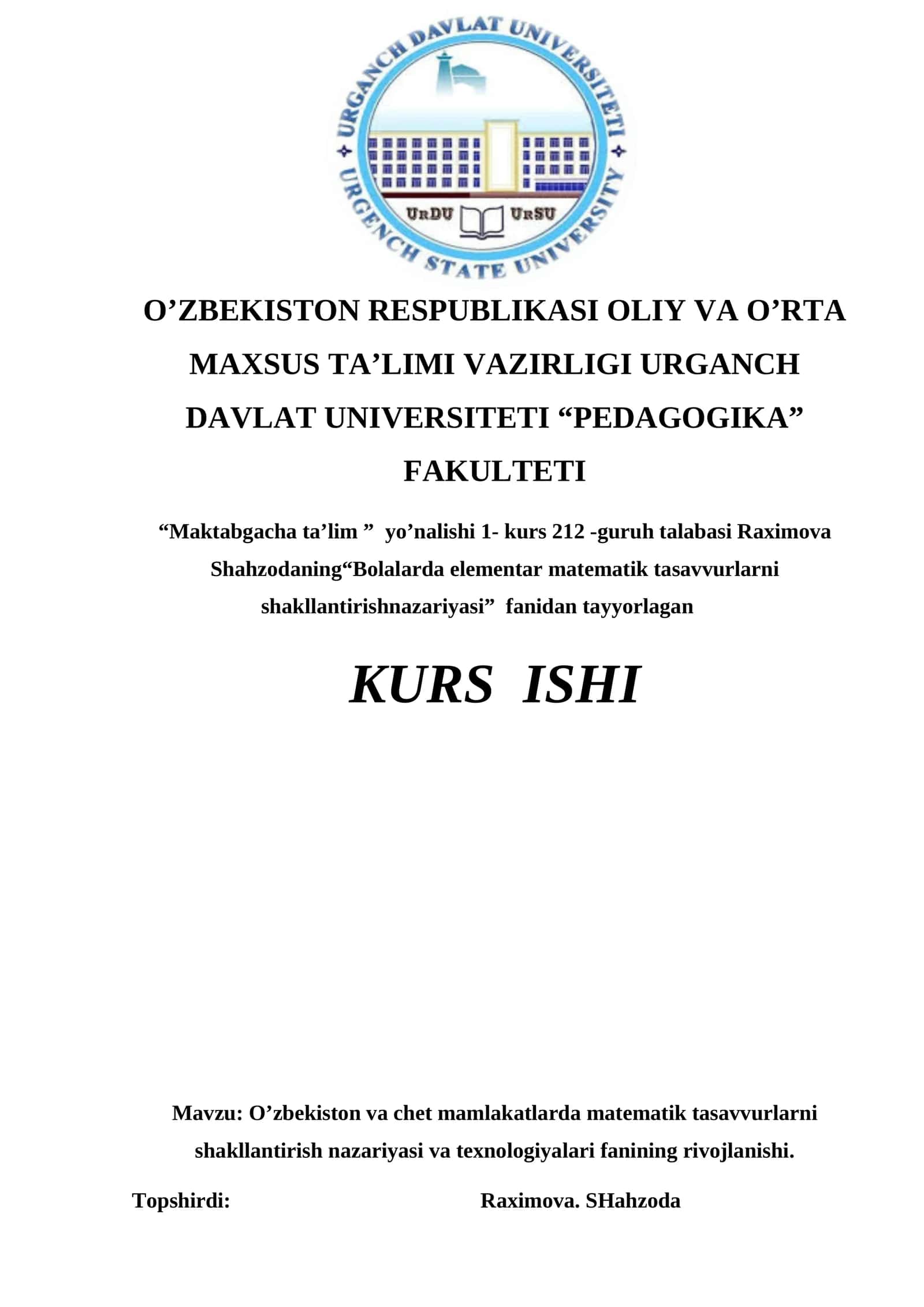 Bolalarda elementar matematik tasavvurlarni shakllantirish nazariyasi