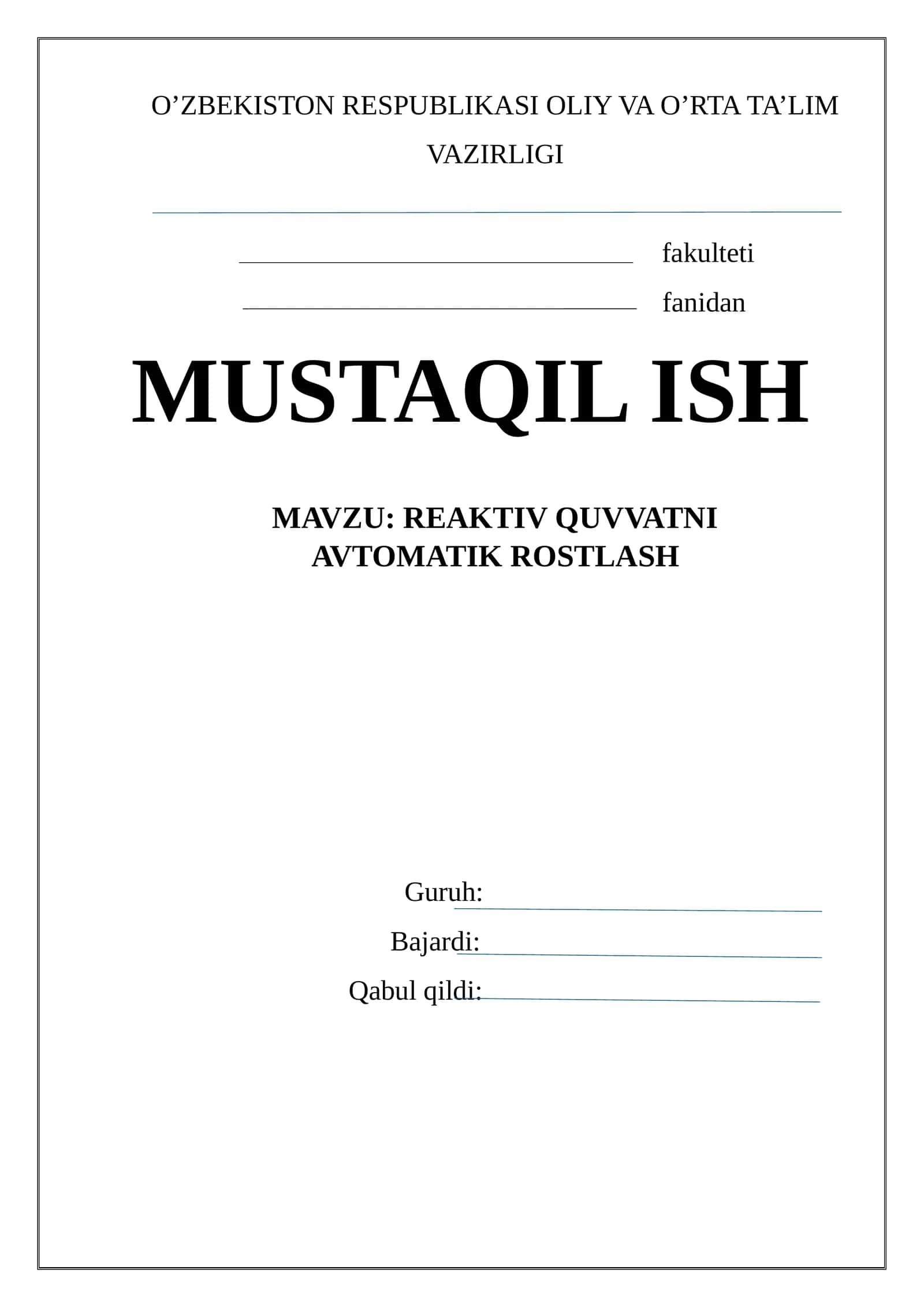 REAKTIV QUVVATNI AVTOMATIK ROSTLASH