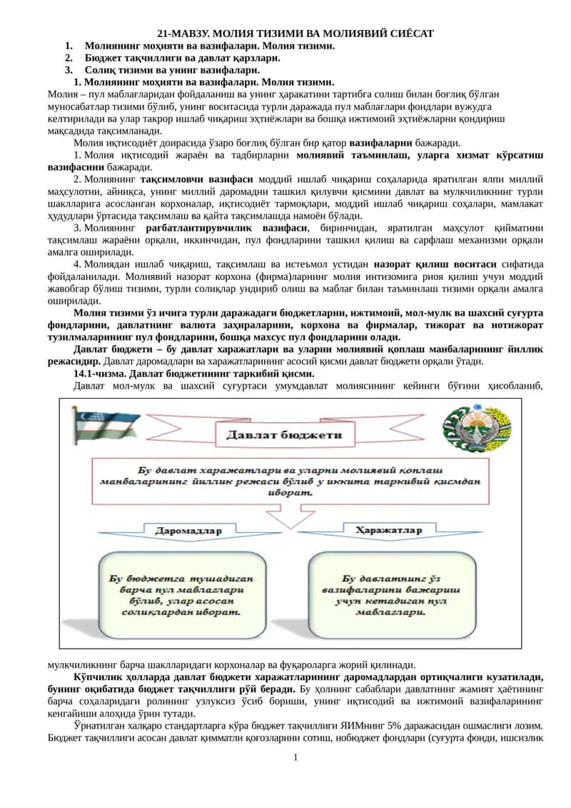 Молия Тизими ва Молиявий Сиёсат