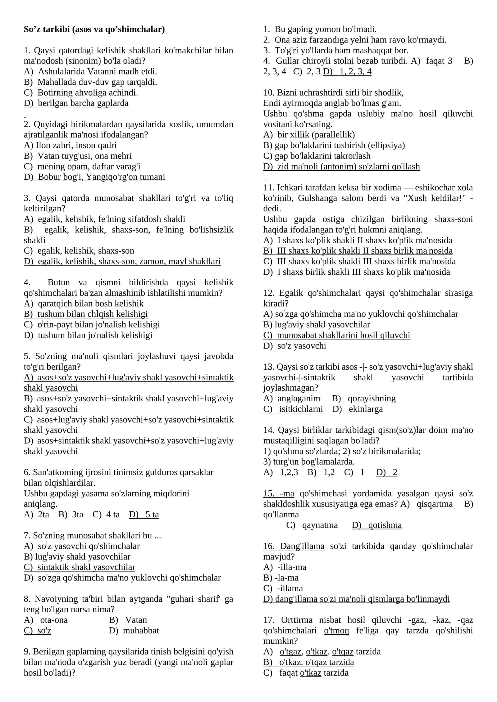 So’z tarkibi (asos va qo’shimchalar) testlar
