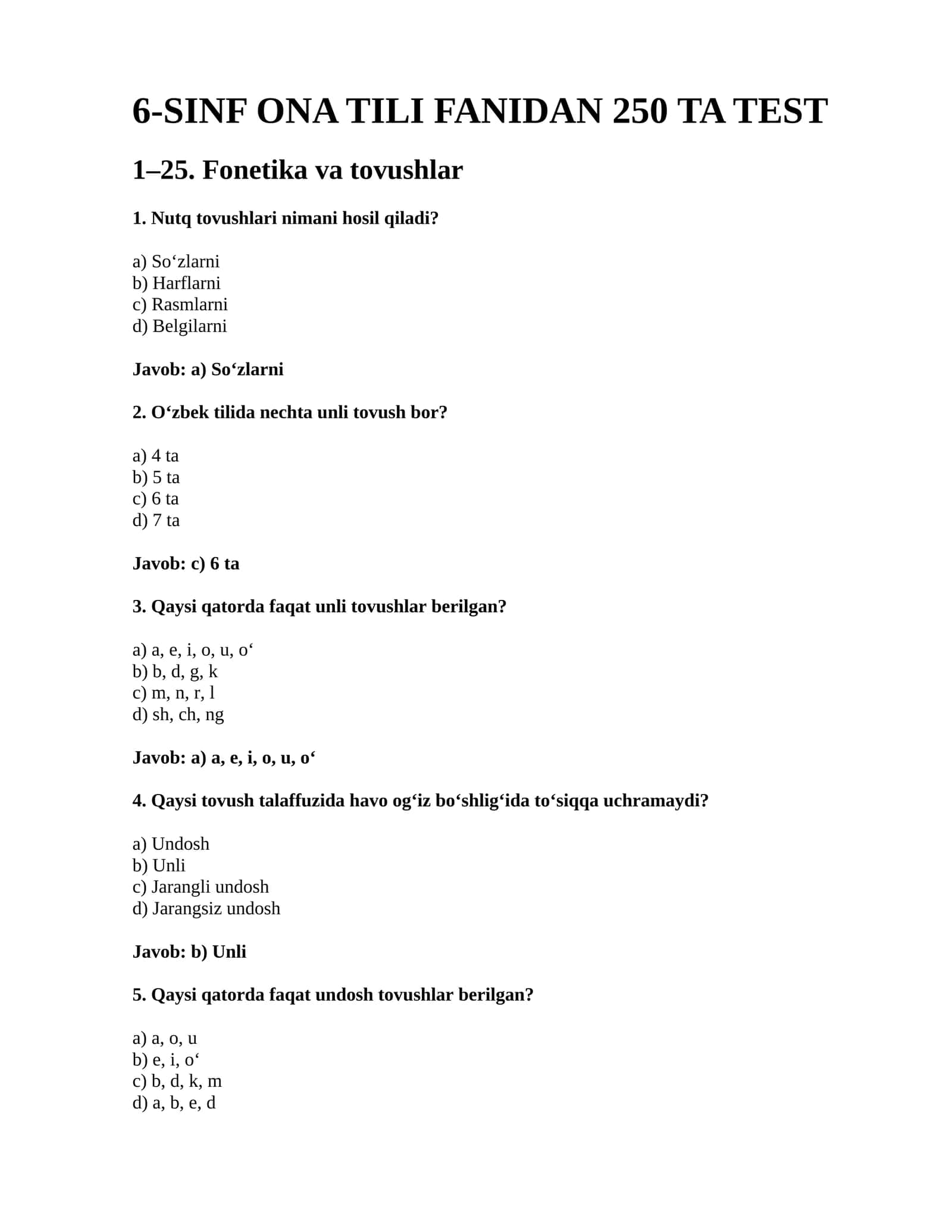 6-SINF ONA TILI FANIDAN 250 TA TEST