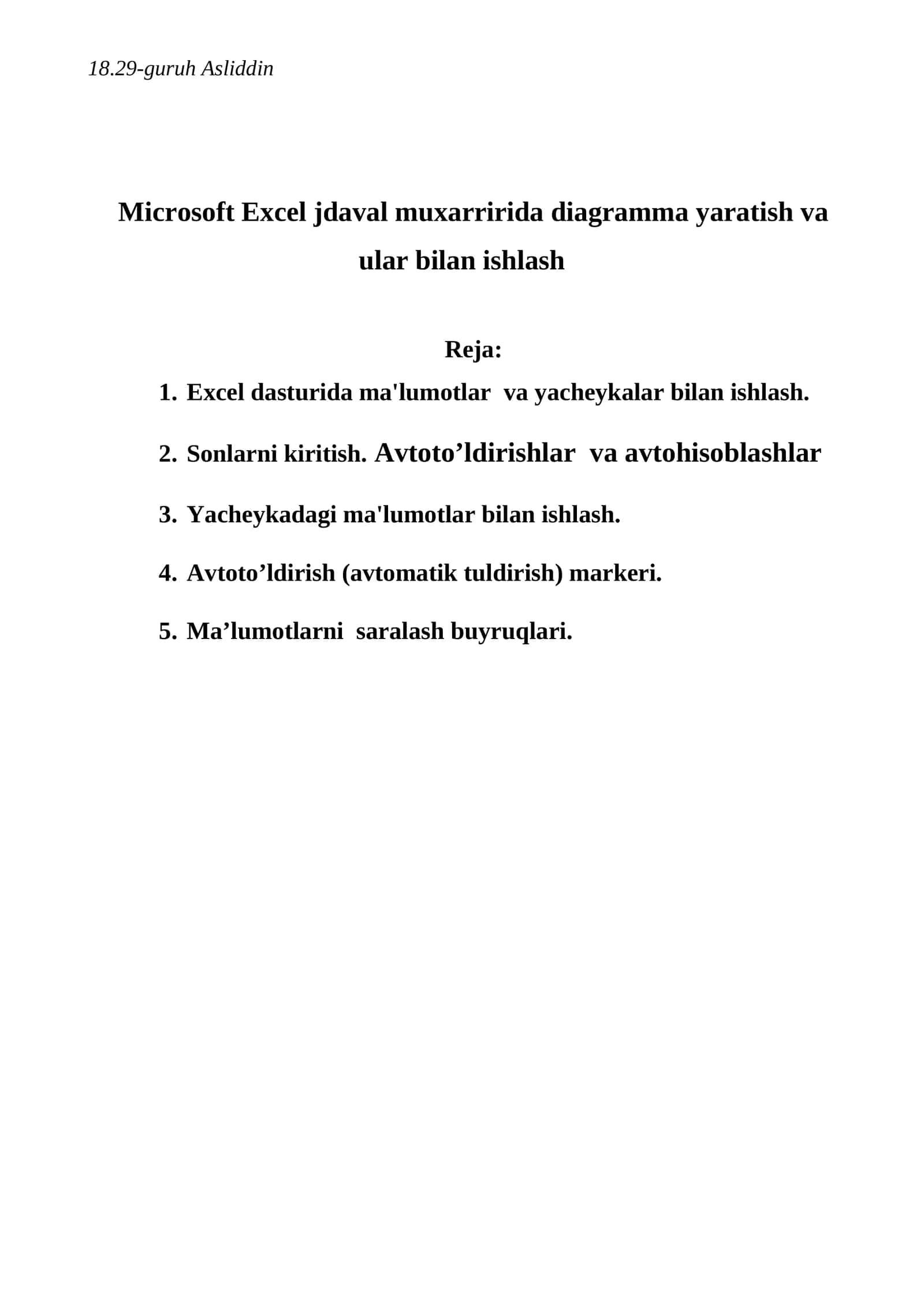 MICROSOFT EXCEL dasturi