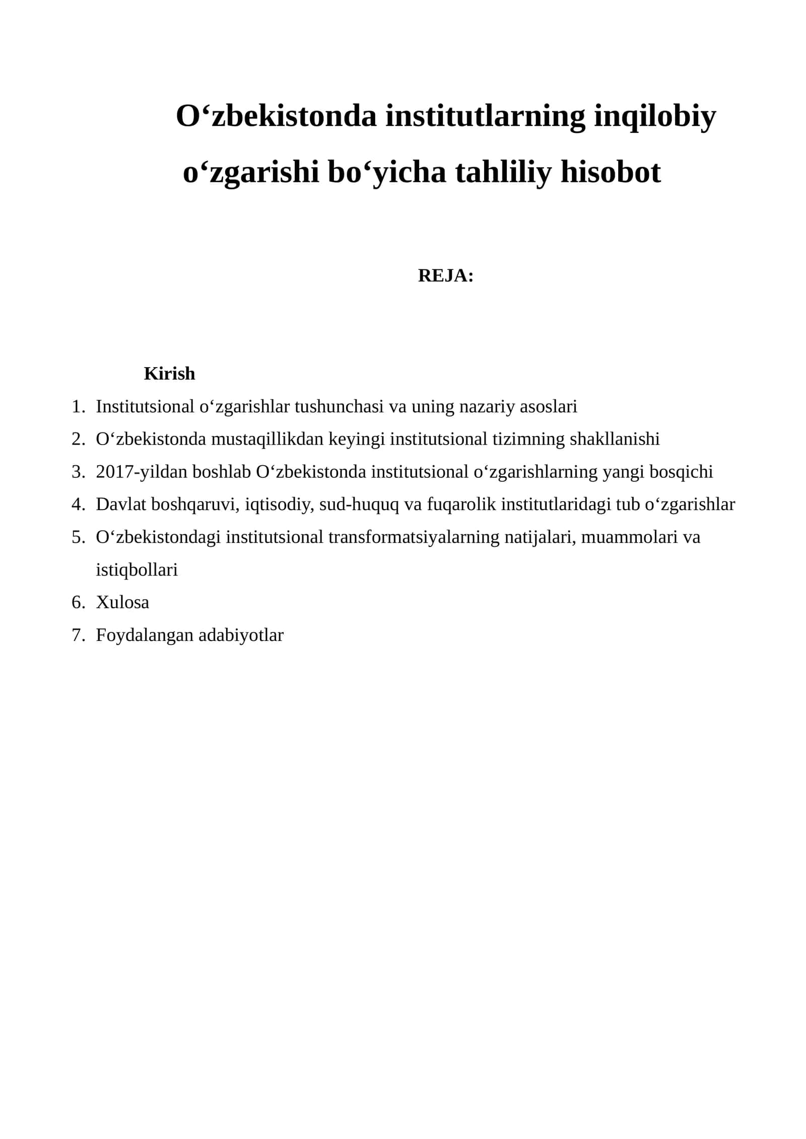 O‘zbekistonda institutlarning inqilobiy o‘zgarishi bo‘yicha tahliliy hisobot