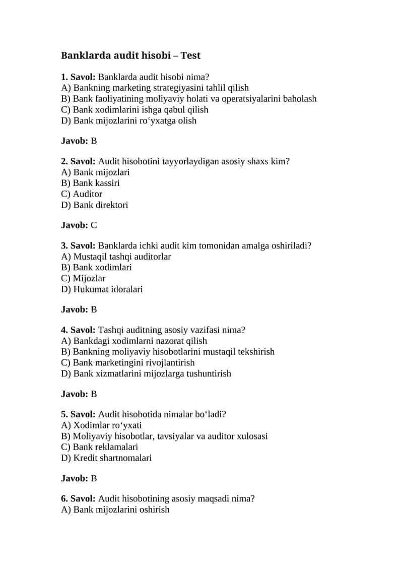 Banklarda audit hisobi – Test