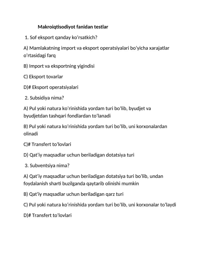 Makroiqtisodiyot fanidan testlar
