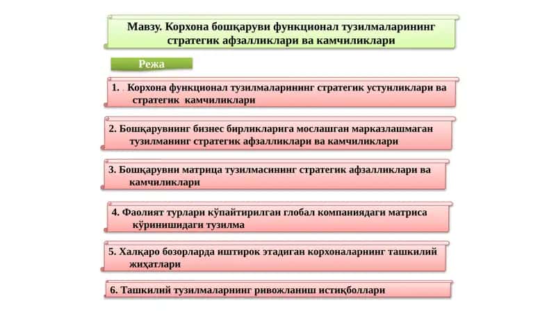 Корхона бошқарувифункционал тузилмаларининг стратегик афзалликлари ва камчиликлари