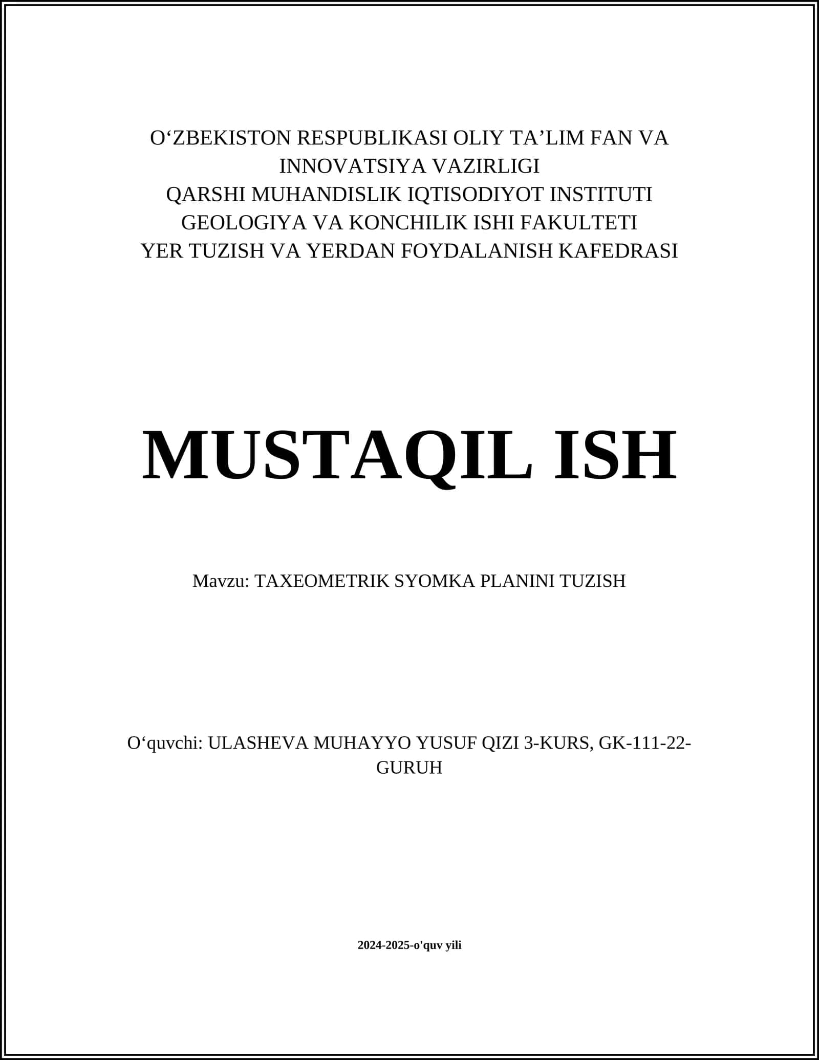 TAXEOMETRIK SYOMKA PLANINI TUZISH