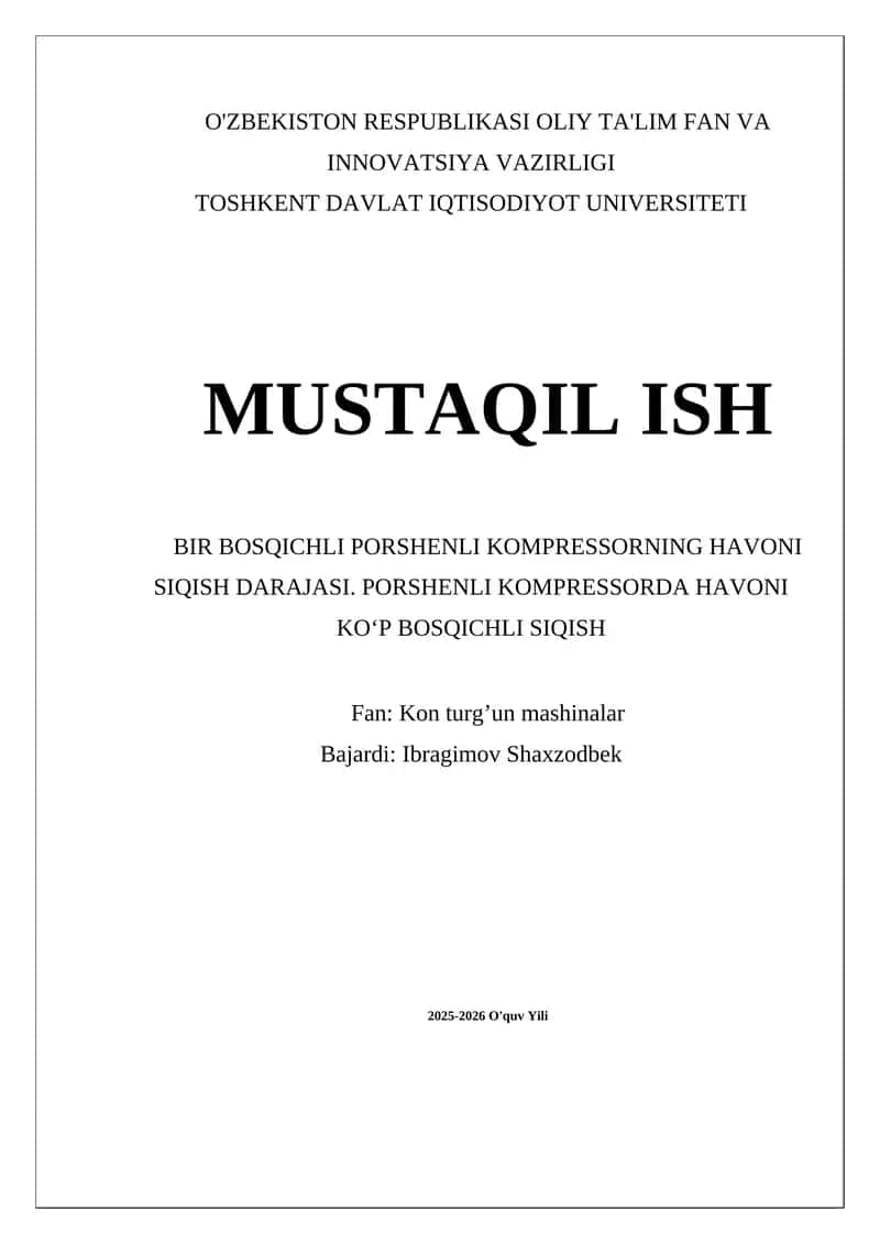 Bir bosqichli porshenli kompressorlarning havoni siqish darajasi