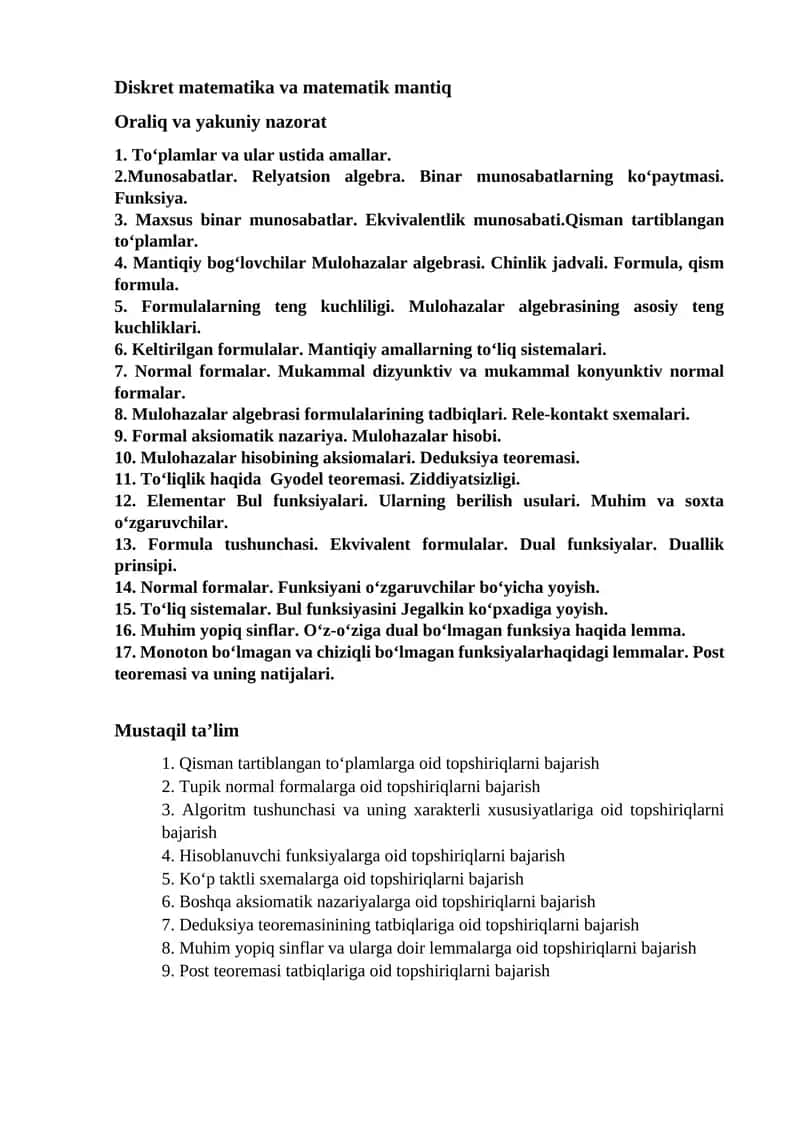 Diskret matematika va matematik mantiq