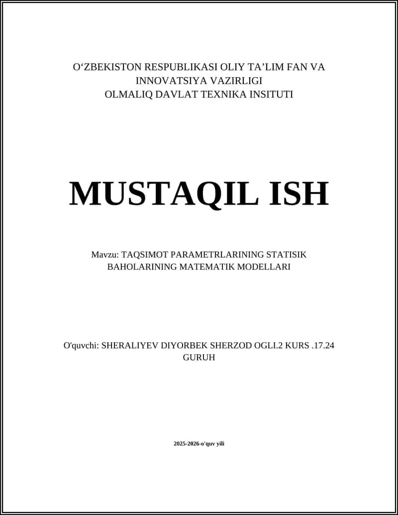TAQSIMOT PARAMETRLARINING STATISIK BAHOLARINING MATEMATIK MODELLARI
