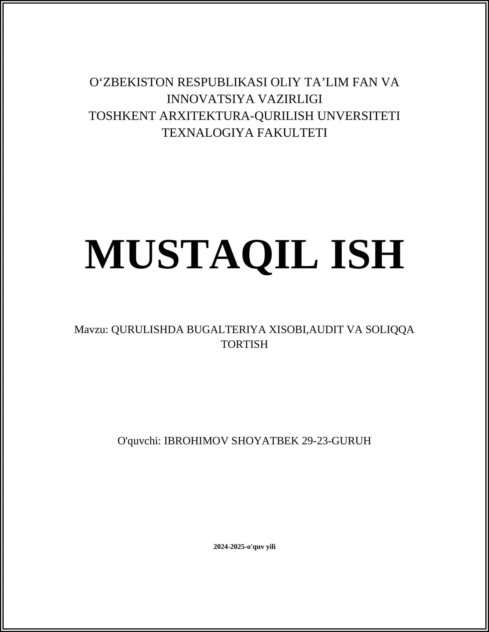 QURULISHDA BUGALTERIYA XISOBI,AUDIT VA SOLIQQA TORTISH