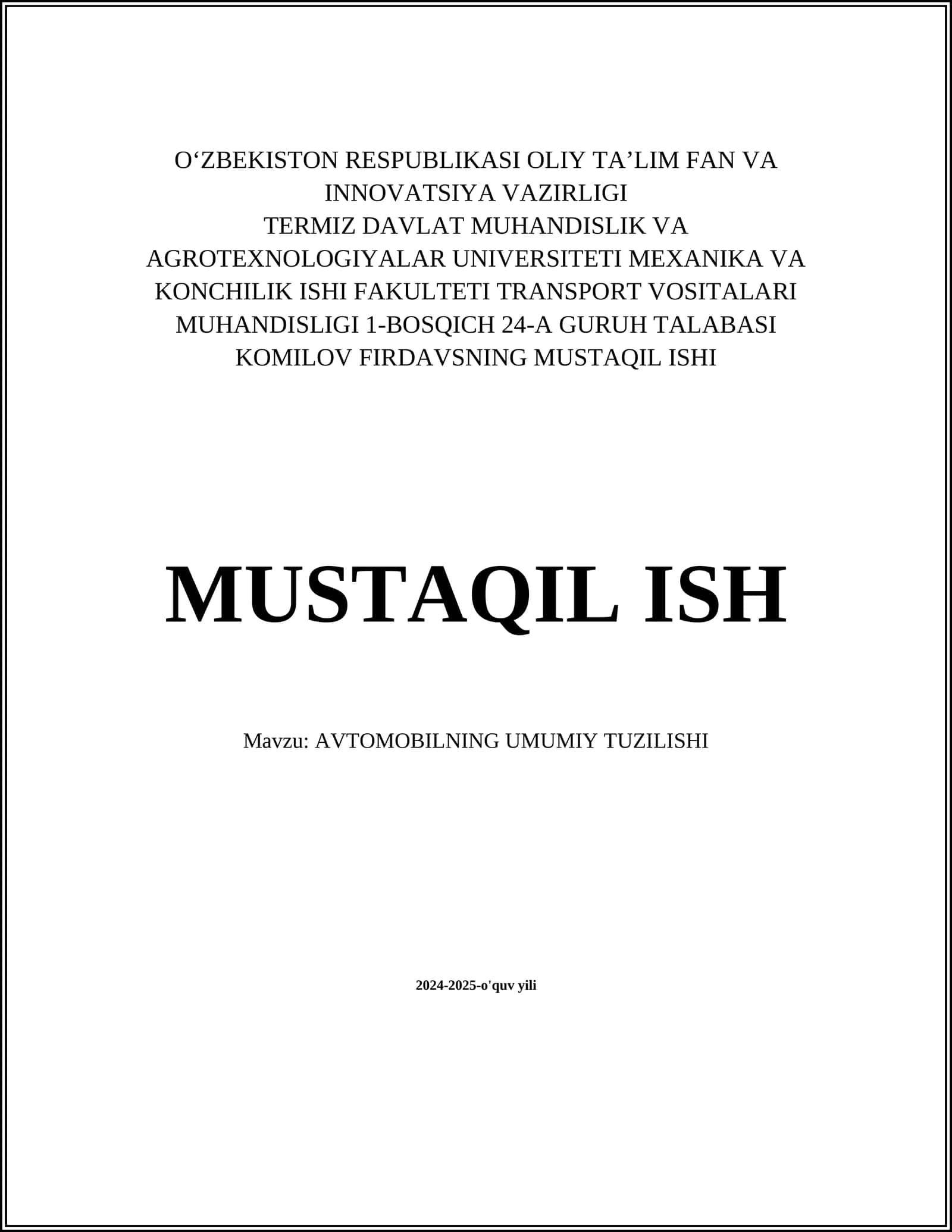 AVTOMOBILNING UMUMIY TUZILISHI