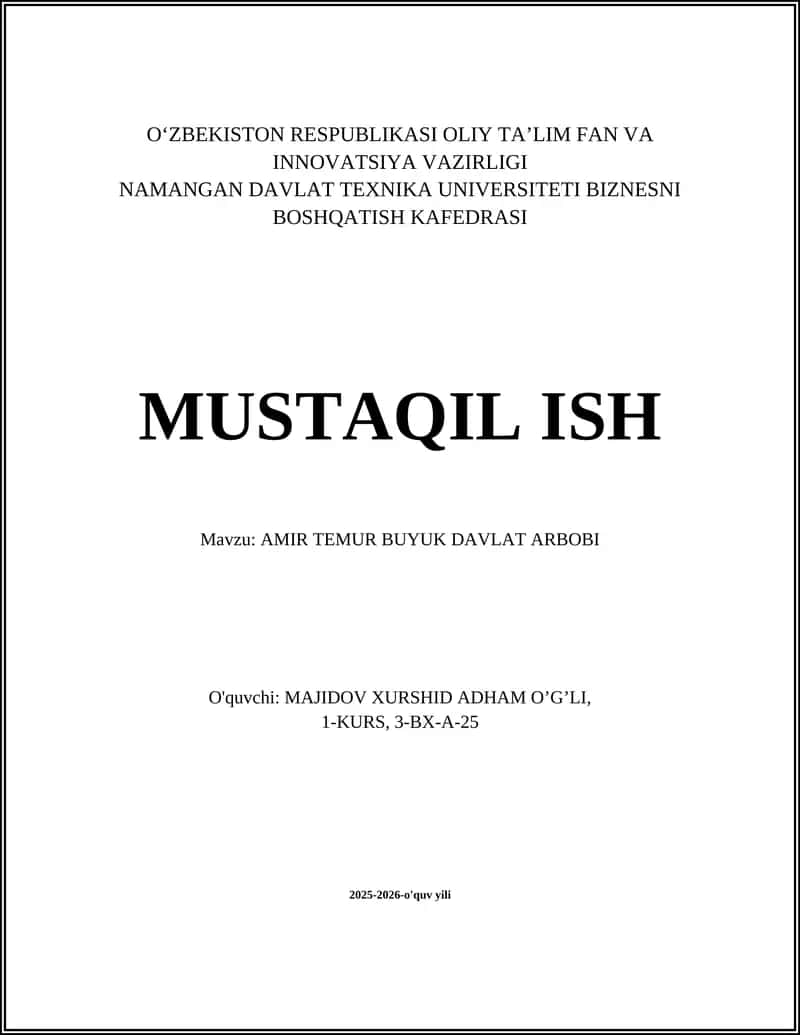 AMIR TEMUR BUYUK DAVLAT ARBOBI