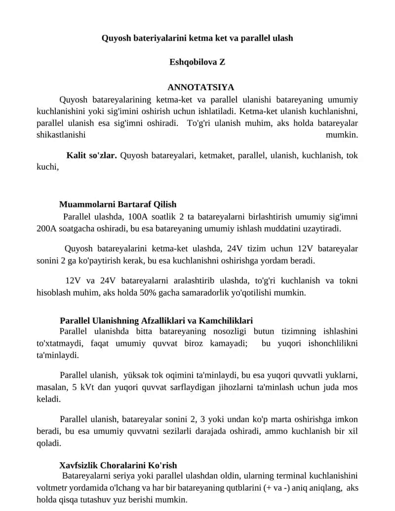 Quyosh batareyalarini ketma ket va parallel ulash