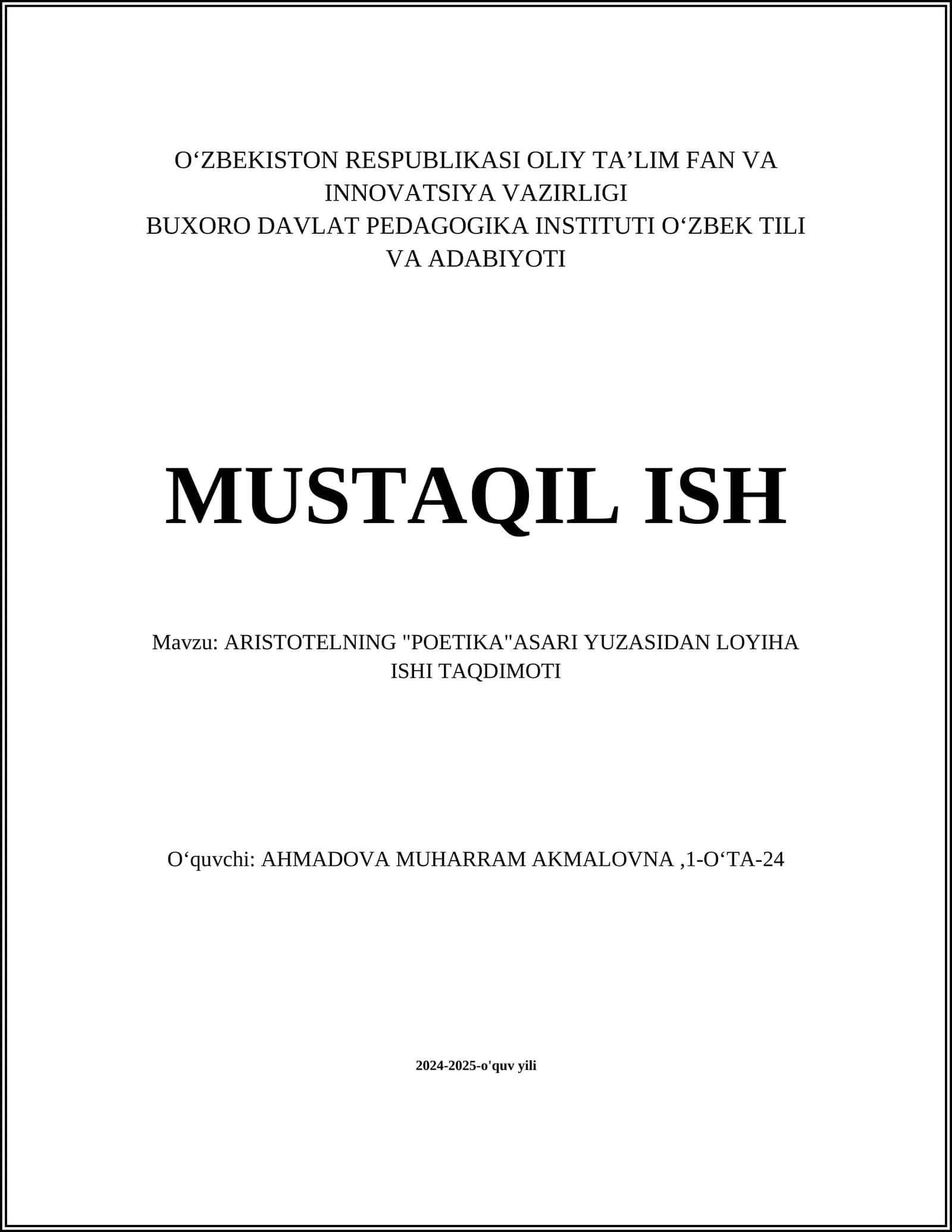 ARISTOTELNING "POETIKA"ASARI YUZASIDAN LOYIHA ISHI TAQDIMOTI