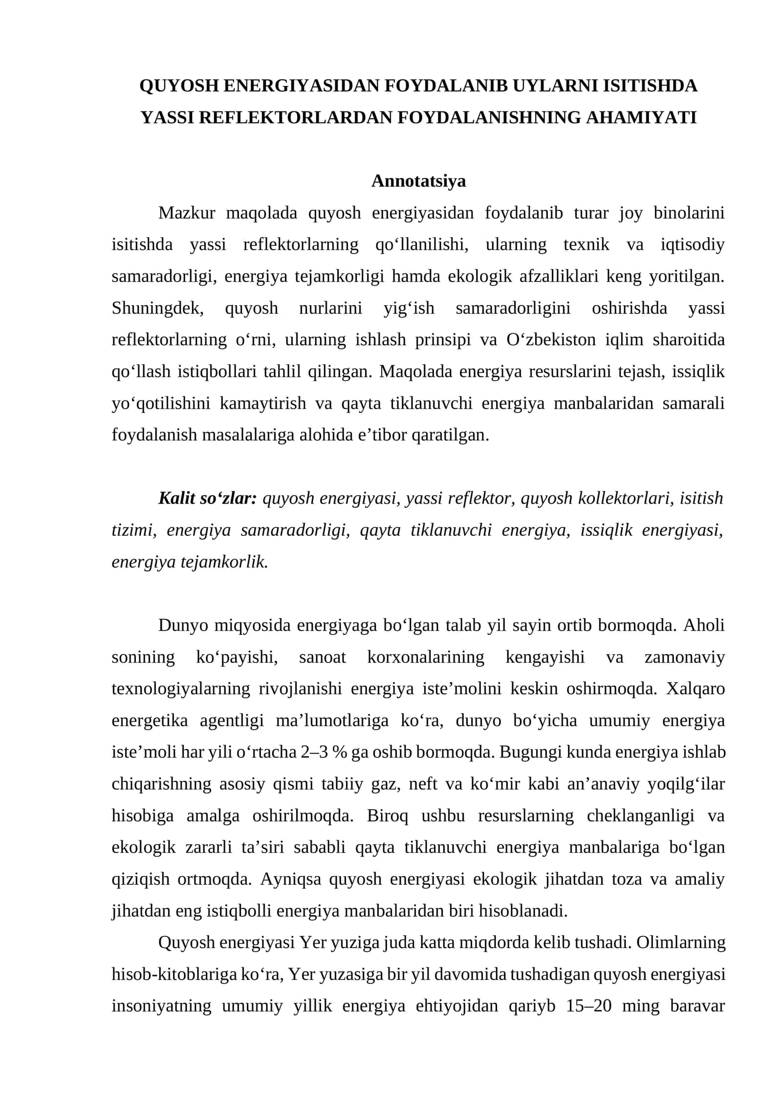 Quyosh energiyasidan foydalanib uylarni isitishda yassi reflektorlardan foydalanishning ahamiyati