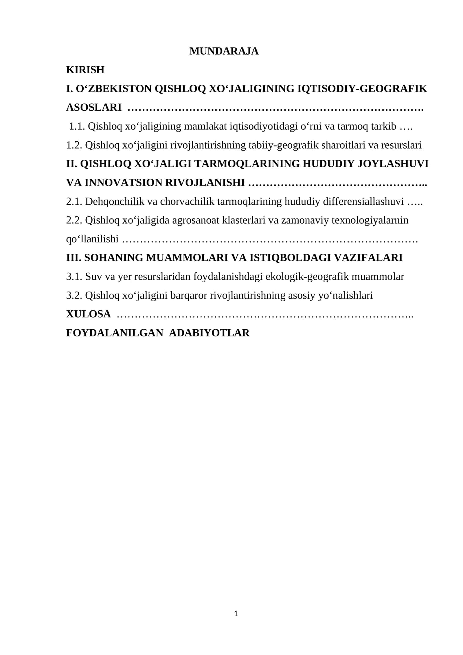 O’ZBEKISTON QISHLOQ XO’JALIGIGA  UMUMIY GEOGRAFIK TAVSIF