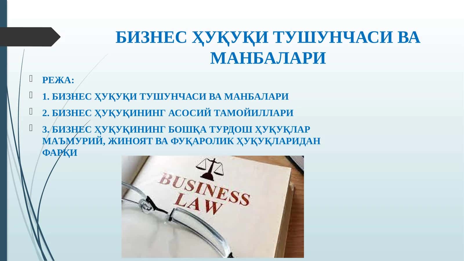БИЗНЕС ҲУҚУҚИ ТУШУНЧАСИ ВА МАНБАЛАРИ