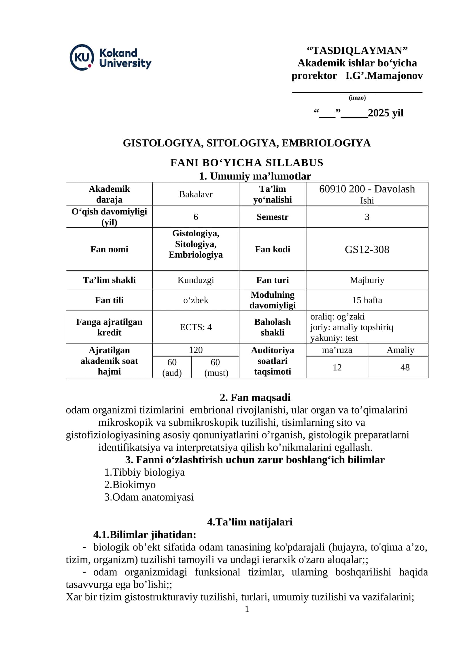 GISTOLOGIYA, SITOLOGIYA, EMBRIOLOGIYA FANI BO‘YICHA SILLABUS