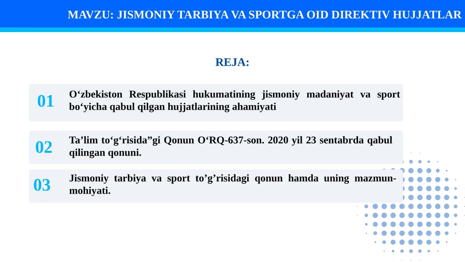 JISMONIY TARBIYA VA SPORTGA OID DIREKTIV HUJJATLAR
